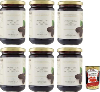 Produktbild von Agrisicilia Confettura Extra di Gelsi Neri zusätzliche Marmelade von schwarzen Mulberries - 6x 360 g + Italian Gourmet polpa 400g