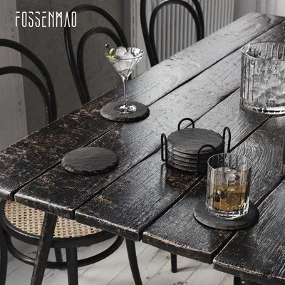 Productafbeelding van Leisteen Onderzetters - Set van zes - Tafelbescherming - Met houder - 10 cm rond - Zwart