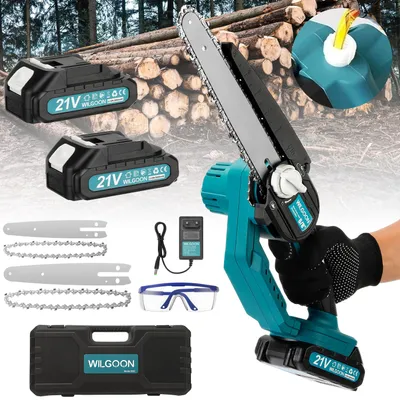 Produktbild von Akku-Kettensäge 8 Zoll + 6 Zoll 2-in-1 Sägeblätter mini Bürstenlose Elektro-Kettensäge, 20cm Schwertlänge Set, mit 2×21V/2,0Ah Akku, 2 Ketten