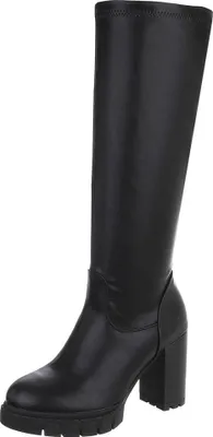 A black leather-look knee-high boot with a chunky heel and platform sole is shown against a white background.