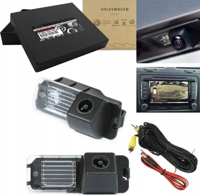 A collage of images showing a car backup camera, its packaging, and a car's infotainment screen displaying the camera feed.
