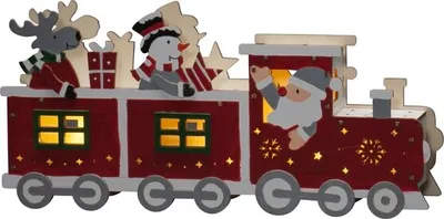 A wooden Christmas train decoration with LED lights.