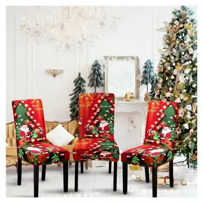 Produktbild von Stuhlhussen Weihnachten 6er Set, Stretch Weihnachts-Stuhlhussen für Schwingstühle, Weihnachtsdeko Stuhlbezüge, Abnehmbare und Waschbare Stuhlhussen in Rot