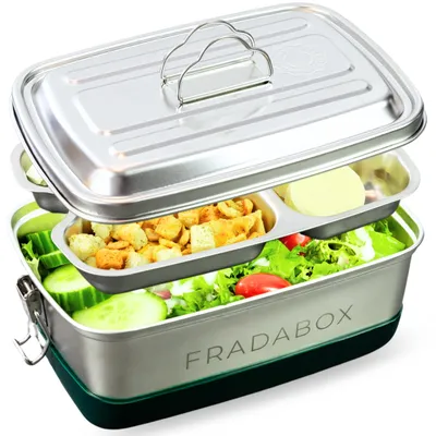 Produktbild von FRADABOX® Lunchbox „Frankie“ 2000ml, 4 Fächer, Premium Edelstahl Dose mit Etagen, Meal Prep Bento Box, BPA-frei, Brot Pasta und Salat, Brotdose groß
