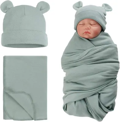 Produktbild von Baby Pucktuch aus Baumwolle mit Neugeborenen-Mütze in Grün und Grau