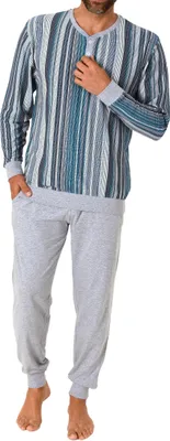 Produktbild von Eleganter Herren Pyjama Schlafanzug in Streifenoptik, Bündchen und Knopfleiste - 62792 ; blau , 52
