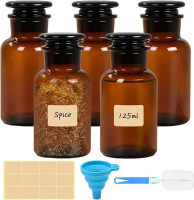 Zdjęcie produktu dla Butelki na odczynniki, 125 ml - szerokie gardło - zestaw 5 sztuk - zawierają lejek i naklejki - idealne do użytku w laboratorium