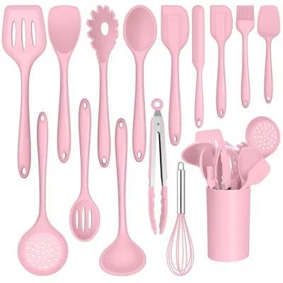 Immagine prodotto di Omgoods - Set di accessori da cucina - Set da cucina in silicone da 15 pezzi con supporto - Rosa