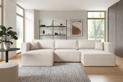 Produktbild von Furnisell U Form Sofa Velour Ecksofa Bettkasten Schlaffunktion "KEYMON U", Cremig