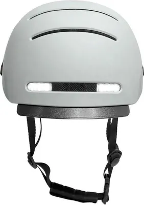 A rear view of a light gray smart helmet with black straps and a black trim.
