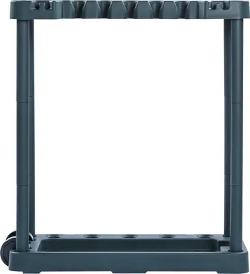 A dark gray garden tool organizer with 10 slots and wheels, shown against a white background.