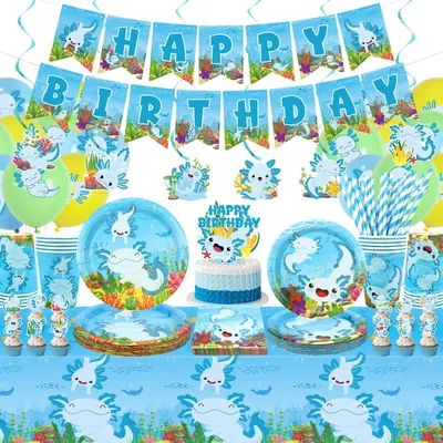 Image de Kit de décoration pour fête d'anniversaire sur le thème de l'axolotl, pour 20 personnes