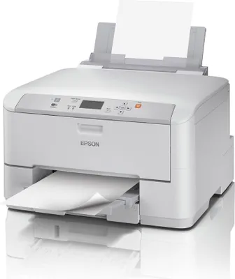 A white Epson WorkForce Pro WF-M5190DW printer is shown from the front-left angle, with paper in the input and output trays.