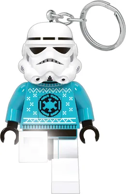 A LEGO Star Wars Stormtrooper keychain with a festive sweater design.