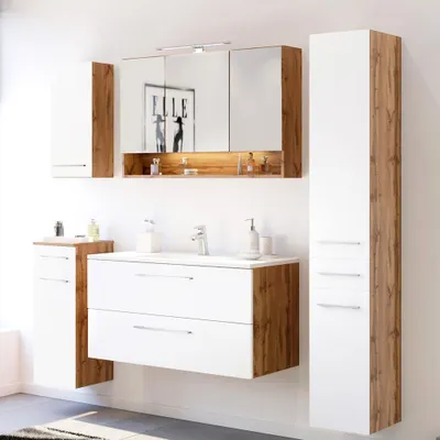 Produktbild von Badezimmer Set inkl. LED-Beleuchtung und Mineralgussbecken LOUNY-03 in Wotaneiche Nb. mit matt weiß, B/H/T: ca. 200/200/48 cm