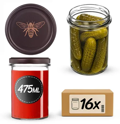 Produktbild von KADAX Einmachgläser 475ml mit Ø 82 mm Schraubdeckel, Marmeladengläser, Schraubgläser zum Einkochen, Einmachen und Aufbewahren von Marmelade & Honig (Braune Biene, 16 Stück)