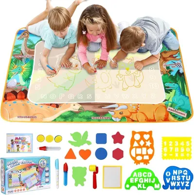 Image de Tapis Doodle d'eau XXL avec dessin de dinosaure 120x90cm Tapis d'aquarelle à partir de 2 ans avec crayon à eau et accessoires créatifs Cadeau pour enfants