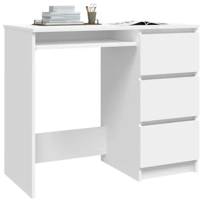A white desk with drawers and a shelf, shown from a front-side angle against a white background.