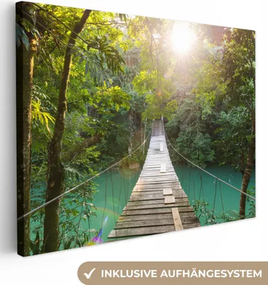 Produktbild von MuchoWow® - Leinwandbilder - Dschungel - Wasser - Brücke - Natur - Pflanzen, Wandbild, Wanddeko Bilder Wohnzimmer, 120x90cm