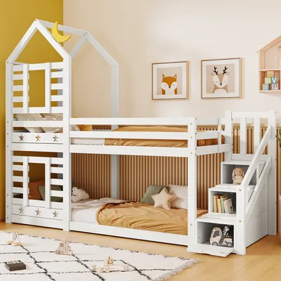 Produktbild von Etagenbett mit 2 Schlafgelegenheiten, Lattenrost und Treppe (90x200 cm), Kinderbett mit Rausfallschutz, Kiefer