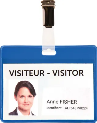 Productafbeelding van Naambadje 99 x 69 mm (breedte x hoogte), inclusief A4-printbladen, met blauwe clip, 25 stuks per verpakking.