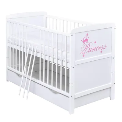Produktbild von Baby-Delux Babybett Gitterbett Kinderbett Natalie Princess 2in1 140x70 Weiß Beißschienen mit Schublade, höhenverstellbar