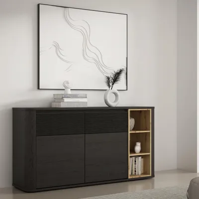 Productafbeelding van Forte BREATHTAKER dressoir 160, modern en minimalistisch, met 2 deuren, 2 lades, een open vak, reliëfstructuur, gemaakt van houtvezel, zwart/eikenhoutdecor "Artisan", 160 cm breed x 83,1 cm hoog x 41,3 cm diep