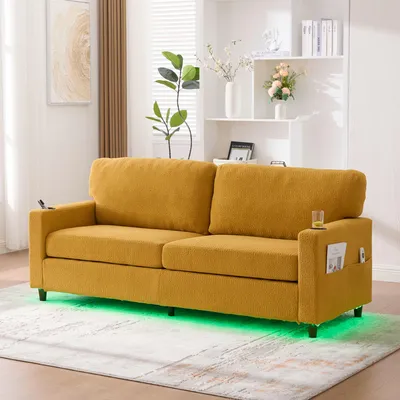 Produktbild von MODFU Elegantes Zweisitzer-Sofa Chaiselongue Relaxsofa mit USB-C-Anschluss und LED-Ambiente,Loungesofa mit Integrierte Seitentaschen,Senfgelb