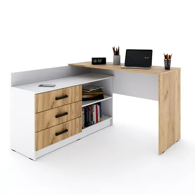 Produktbild von Marlux-Meble Schreibtisch mit Schubladen 3 und Regalen 2 | Eckschreibtisch Weiß Matt - Wotan-Eiche | PC Schreibtisch L Form (Omega Schreibtisch Holz 131x120x76 cm)