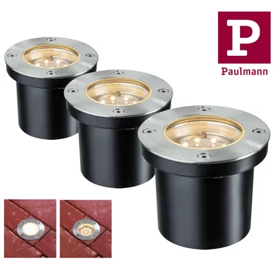 Image de Ensemble de spots encastrables spéciaux Paulmann, modèle rond, LED, 3 x 1,2 W, 2700 K, 6 VA, 230/12 V, diamètre 98 mm, en acier inoxydable/métal
