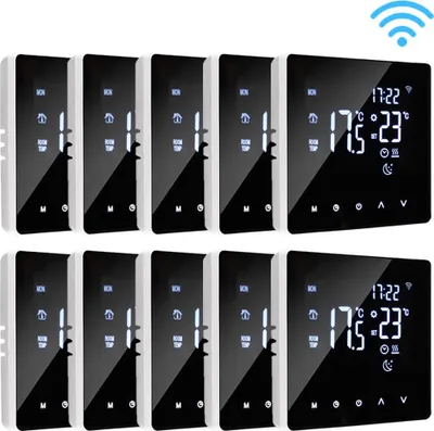 A group of smart thermostats arranged in two rows on a white background.
