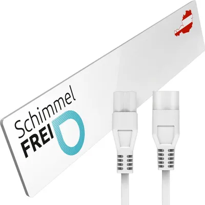 A white promotional card with text and an Austrian flag map, next to two white electrical connectors.