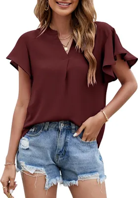 Produktbild von ASKSA Damen Bluse Chiffon Elegant V-Ausschnitt Rüschen Sommer Kurzarm Lose Oberteile Casual Tunika Tops, Weinrot, XXL