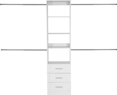 Produktbild von Closet System with 3 Drawers, Adjustable Height Wooden Closet Organizers, Modern Walk-in Wardrobe Organization with 4 Retractable Clothes Hanger Rods, Freestanding Garment Rack Storage, White