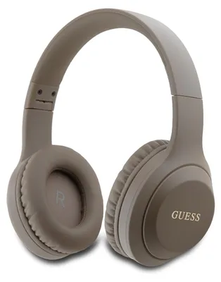 A pair of brown wireless headphones is shown against a white background.