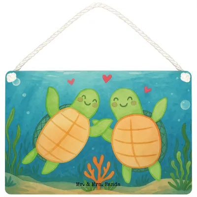 Produktbild von Mr. & Mrs. Panda holzbild Schildkröten Paar Design DIN A6 - Weiß - Geschenk, Türschild, für Frauen, Valentinstag, Holzschild, wandtafel, Dekobrett, Freundin, Hochzeitstag