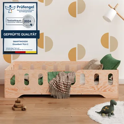 Produktbild von Smartwood® Kinderbett 90x200 Holz Montessori Bodenbett mit Rausfallschutz und Lattenrost - Niedriges Bett für Jungen und Mädchen TILA 2 - Naturholz