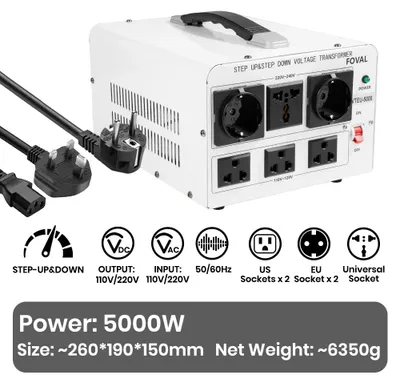 Obrázek produktu pro Transformátor – 5000 W – Převod napětí 110 V na 220 V / 220 V na 110 V – Pro domácí spotřebiče – Evropská zástrčka – Bílá barva