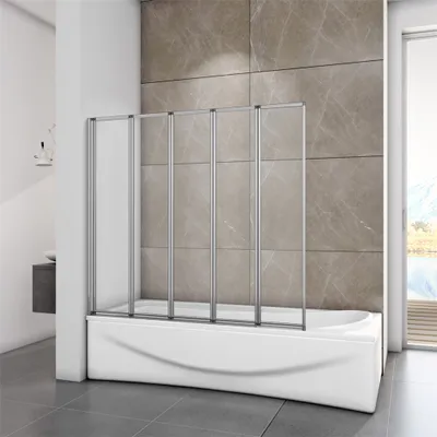 A modern bathroom with a bathtub and a folding shower screen.