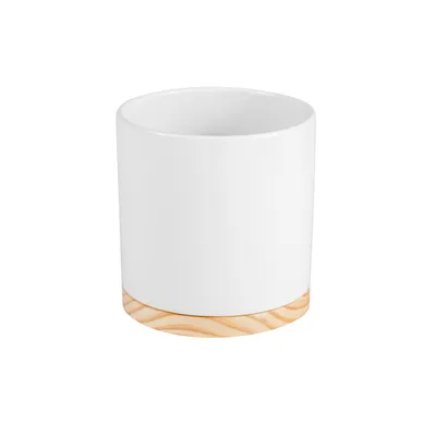 Produktbild von Keramik Blumentopf Holz Übertopf Weiß / natur D 13 cm Rund form glänzend deko tischdeko dekovase