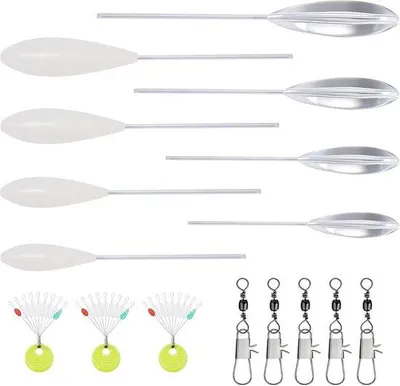 Productafbeelding van Set van 16 stuks, 4 x Spirolino zinkend, 4 x Sbirolino drijvend (8 g, 10 g, 15 g, 20 g), 5 x drievoudige wervels en 3 maten koordstoppers voor Visspullen, Sbirolino forelset voor