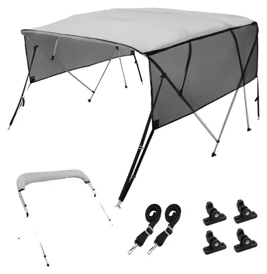 Image de Taud de bateau VEVOR 4 arceaux Bimini Top, 231-244 cm de largeur d'installation Abri en polyester 600D, Taud de bateau avec panneaux latéraux amovibles en maille, étanche & protection solaire, boîte de rangement incluse Gris clair