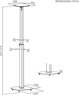 A technical drawing of a height-adjustable speaker stand with dimensions indicated.