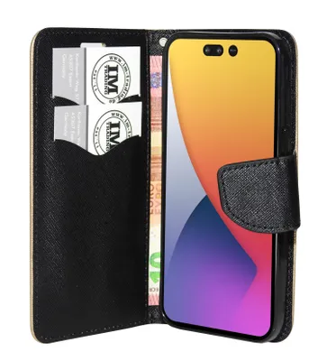 Zdjęcie produktu dla Etui książkowe "Fancy" kompatybilne z iPhone 14 etui na telefon z funkcją podstawki, miejsce na karty złoto-czarne