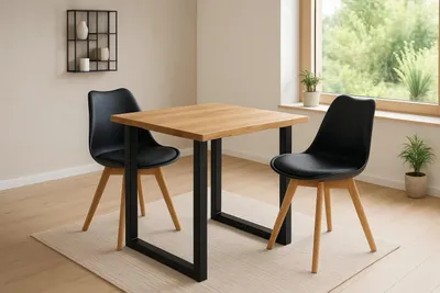 Produktbild von Essgruppe Baumkante massiv 80 x 80 cm Wildeiche U-Gestell schwarz & 2 Stühle schwarz SEATTLE