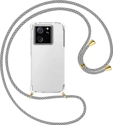 Produktbild von Handykette Backcover-Schutzhülle mit Band (Metall goldfarben) für Xiaomi 13T Pro (6.73'') - weiß/grau kariert