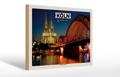 Produktbild von Holzschild Städte Köln Hohenzollernbrücke Nacht 30x20cm