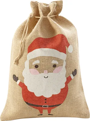 A close-up shot of a Christmas sack with a Santa Claus design.
