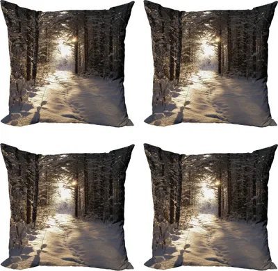 Produktbild von ABAKUHAUS Winter Kissenbezug Set (4 Stück), Weihnachten Schnee Wald, Moderner Doppelseitiger Digitaldruck, 40 cm x 40 cm, Brown Blassgelb