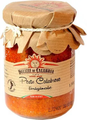 Produktbild von Delizie di Calabria Pesto Calabrese 130g - Rotes Pesto mit Ricotta & Pecorino - Italienische Pastasauce mit Paprika & Tomaten - Cremig & Würzig